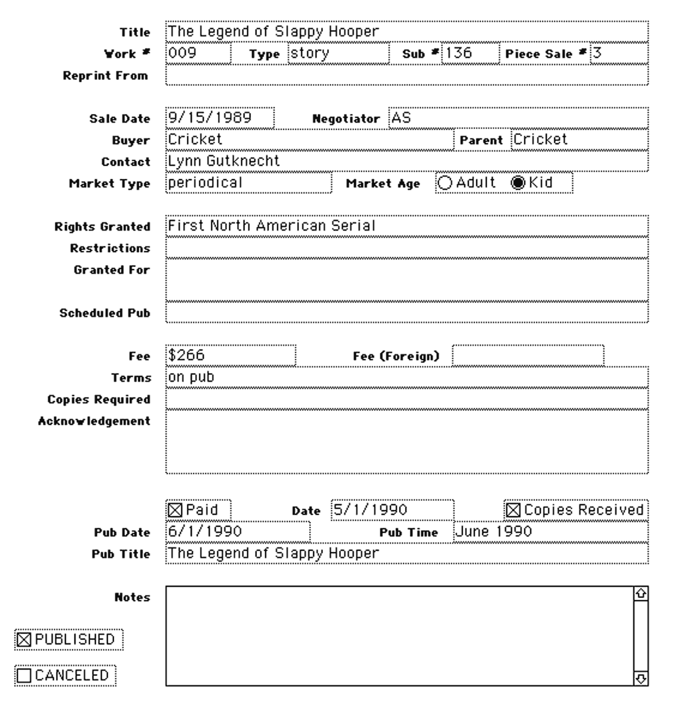 Story and Article Sales Database